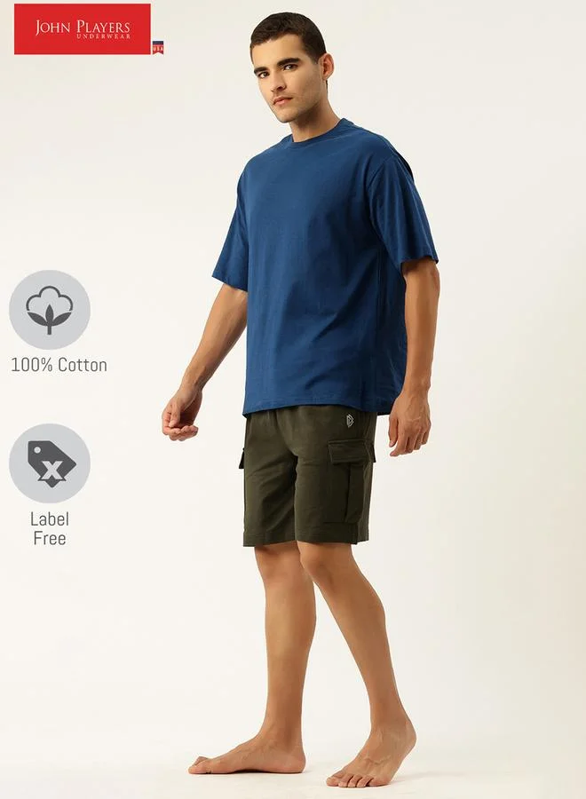 John Players Men Green Cotton Cargo Shorts