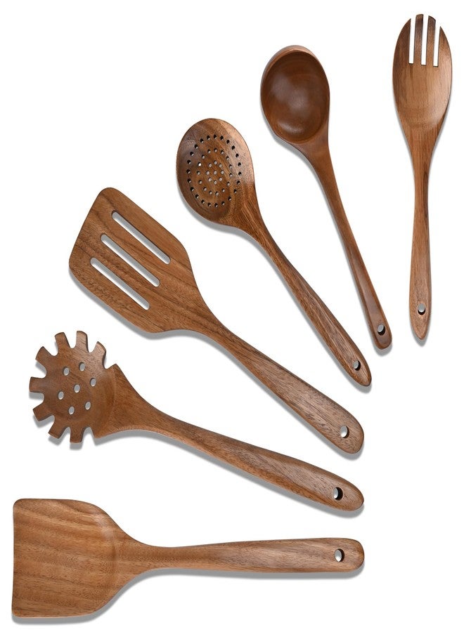 QUELIEN Wooden Spoons for Cooking,6PCS Teak Wood Cookware Utensil Set,Lightweight,Durable and Heat-Resistant - Easy to Clean, Perfect for Non-Stick Cookware - Image 1