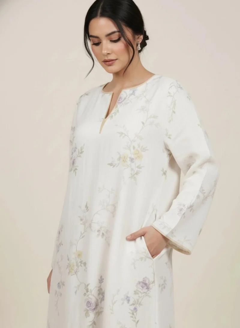 نور Meadow Print White Jalabiya