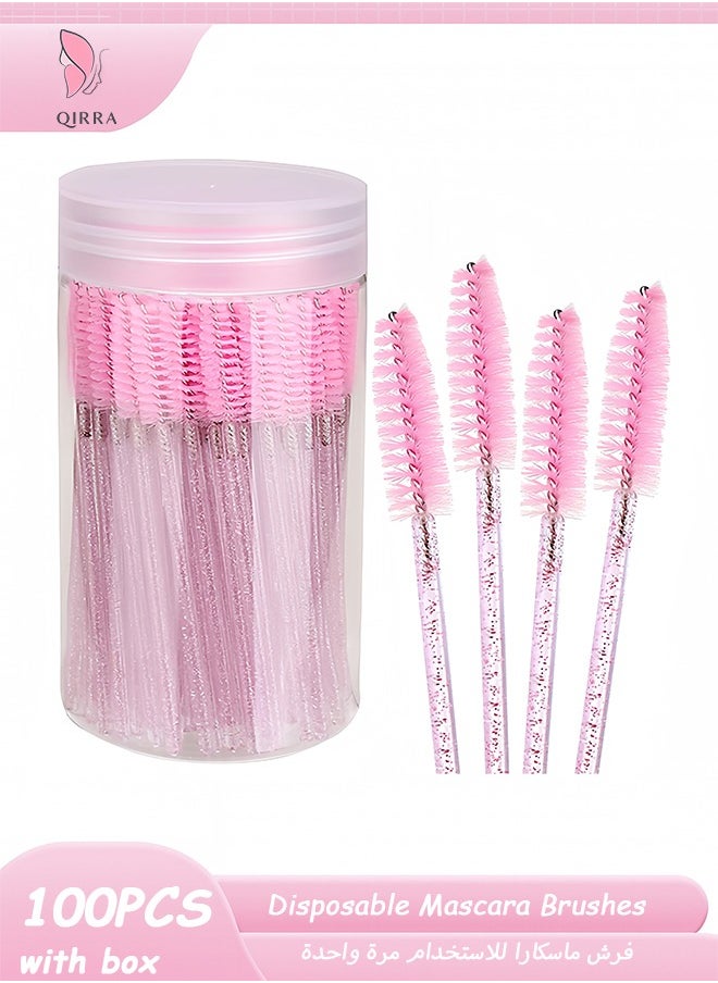 100PCS Disposable Eyelash Brush, Mascara Wands Makeup Brushes Applicators Kits for Eyelash Extensions and Eyebrow with Container (Light Pink)