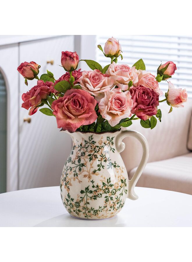 يُسلِّم مزهرية عتيقة خضراء وبيج، مزهريات سيراميك ريفية كبيرة للديكورات المنزلية، ديكور غرفة المعيشة، 7.8 بوصة - Image 1