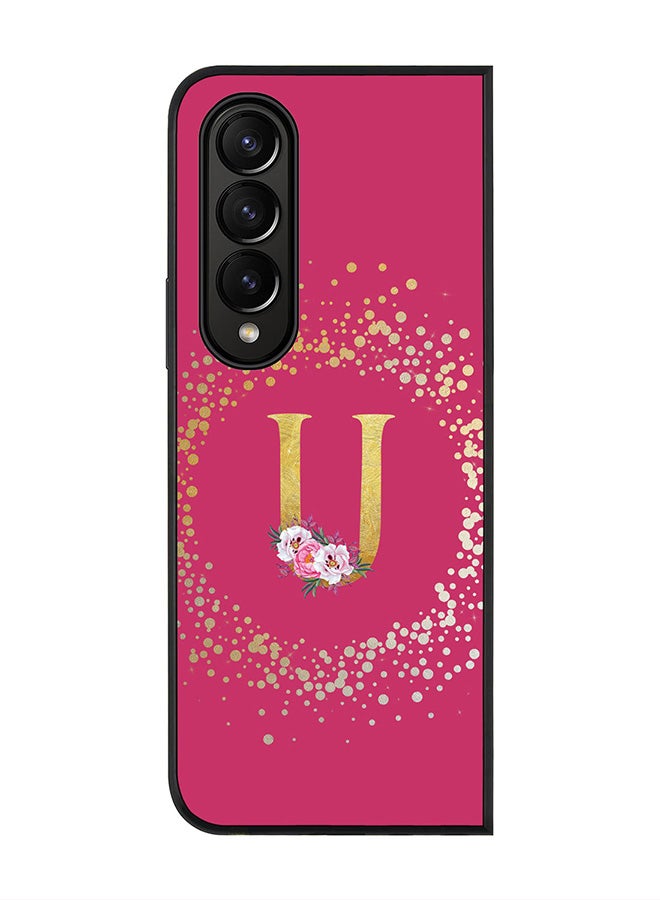 Stylizedd Rugged Black edge case for Samsung Galaxy Z Fold4, Soft Flexible Phone case Custom Monogram Initial Letter Floral Pattern Alphabet - U (Dark Pink Rose) - Image 1