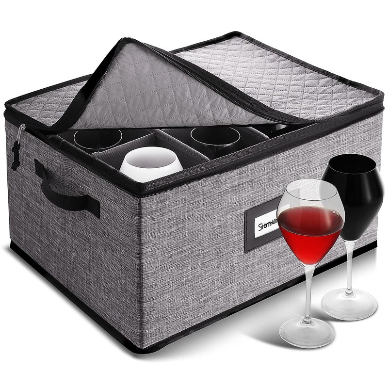 Wine Glass Storage Box with Dividers Quilted and Stackable Stemware Storage Cases Service of 12 Glassware Storage Containers China Storage Containers Hard Shell for Moving and Seasonal Storage