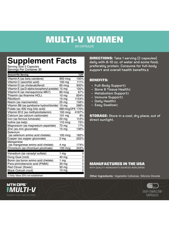 MTN OPS MTN OPS Multi-V Womens Multivitamin Vegetarian Capsules, Essential Daily Vitamin Complex, 60 Capsules, 30 Day Supply  - Image 2