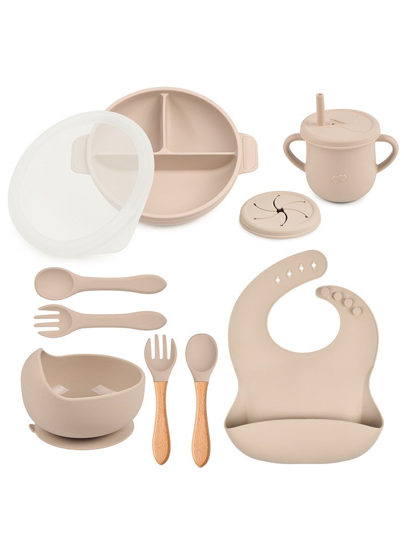 In Stock Childrens Dinner Plate Split Plate Baby Suction Type Silicone Bowl Set Childrens Food Supplemented Silicone Suction Bowl Y24 round partition bowl + lid + silicone bowl + drool pocket + Love