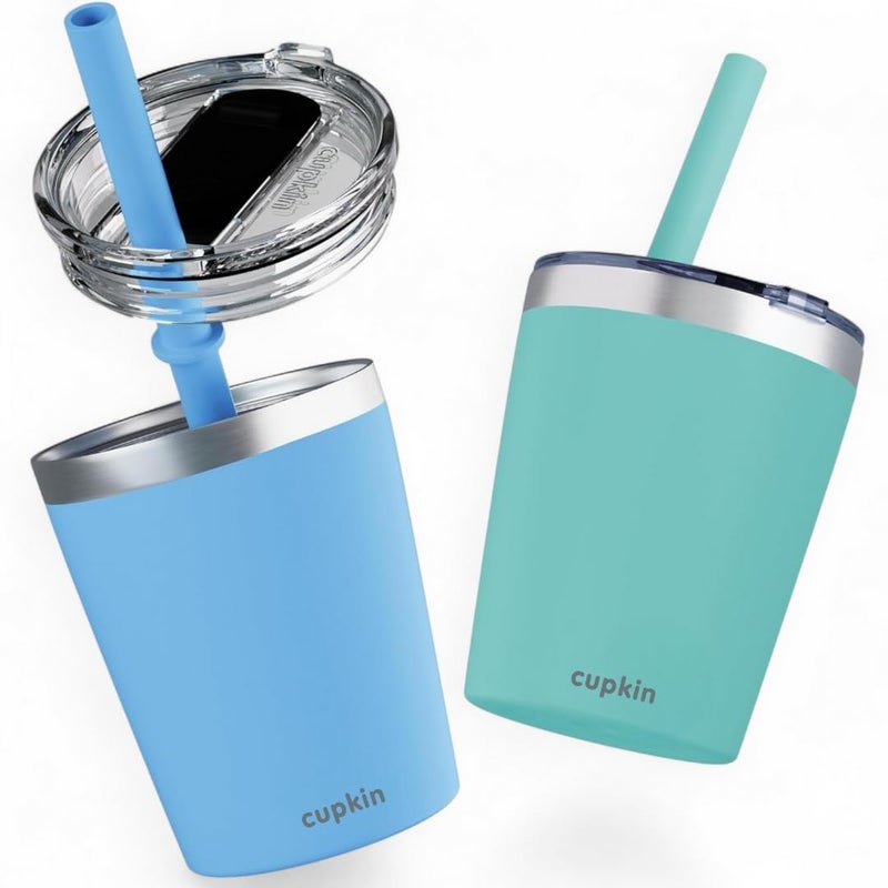 CUPKIN Toddler Cups with Straws, The Original 8 oz Stackable Stainless Steel Baby Straw Cup, Set of 2 Kids Cups, Powder Coated Insulated Kids Tumblers, No BPA Lids + Silicone Straws (Blue + Green) - Image 1