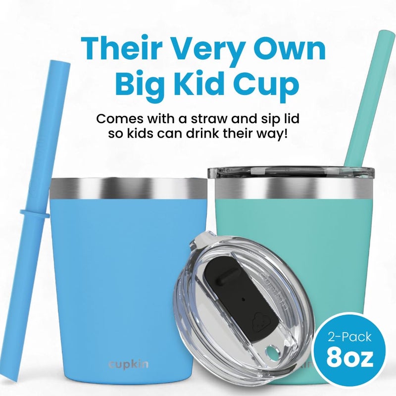 CUPKIN Toddler Cups with Straws, The Original 8 oz Stackable Stainless Steel Baby Straw Cup, Set of 2 Kids Cups, Powder Coated Insulated Kids Tumblers, No BPA Lids + Silicone Straws (Blue + Green) - Image 2