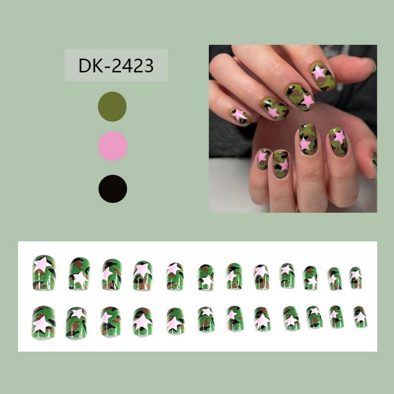 GRITOSE Summer Press on Nails Square Short Fake Nails with Pink Stars Designs Acrylic Nails Full Cover Camouflage Glossy False Nails Gel Glue on Nails for Women Girls Manicure Kit 24pcs - Image 2