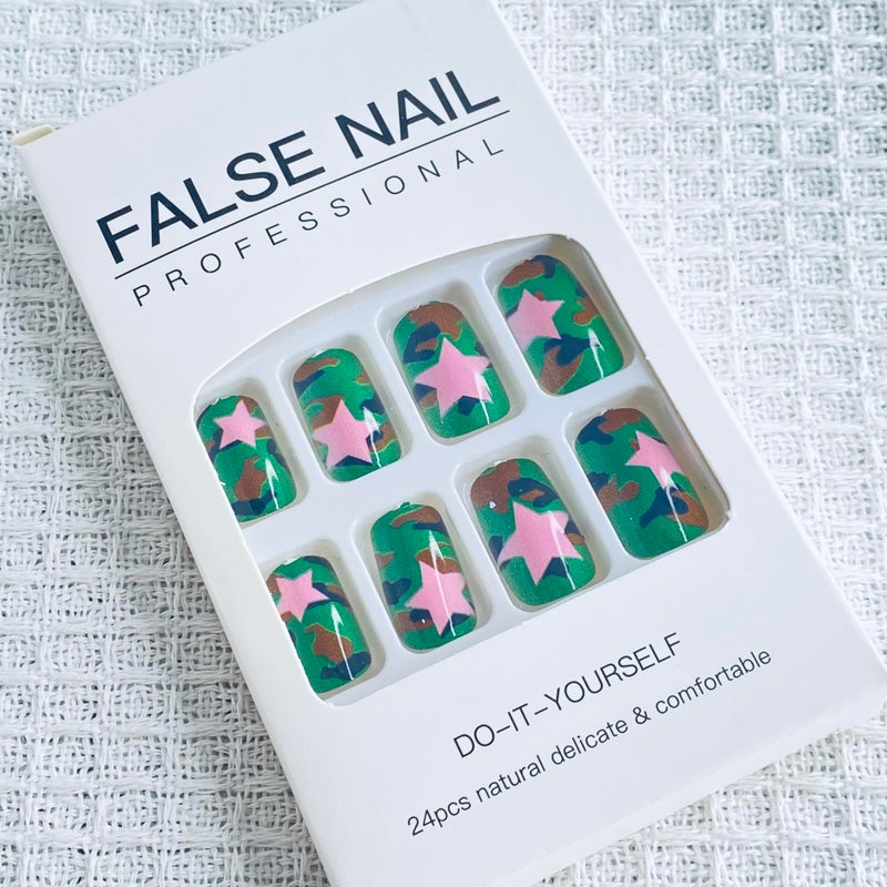 GRITOSE Summer Press on Nails Square Short Fake Nails with Pink Stars Designs Acrylic Nails Full Cover Camouflage Glossy False Nails Gel Glue on Nails for Women Girls Manicure Kit 24pcs - Image 4