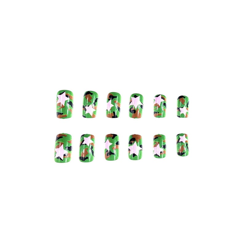 GRITOSE Summer Press on Nails Square Short Fake Nails with Pink Stars Designs Acrylic Nails Full Cover Camouflage Glossy False Nails Gel Glue on Nails for Women Girls Manicure Kit 24pcs - Image 3