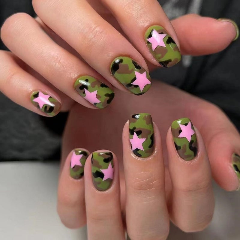 GRITOSE Summer Press on Nails Square Short Fake Nails with Pink Stars Designs Acrylic Nails Full Cover Camouflage Glossy False Nails Gel Glue on Nails for Women Girls Manicure Kit 24pcs - Image 1
