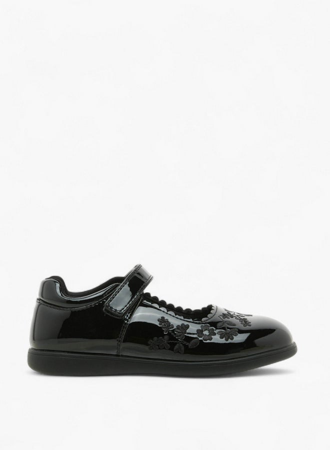 JUNIORS Girls Floral Embroidered School Shoes with Hook and Loop Closure  - Image 3