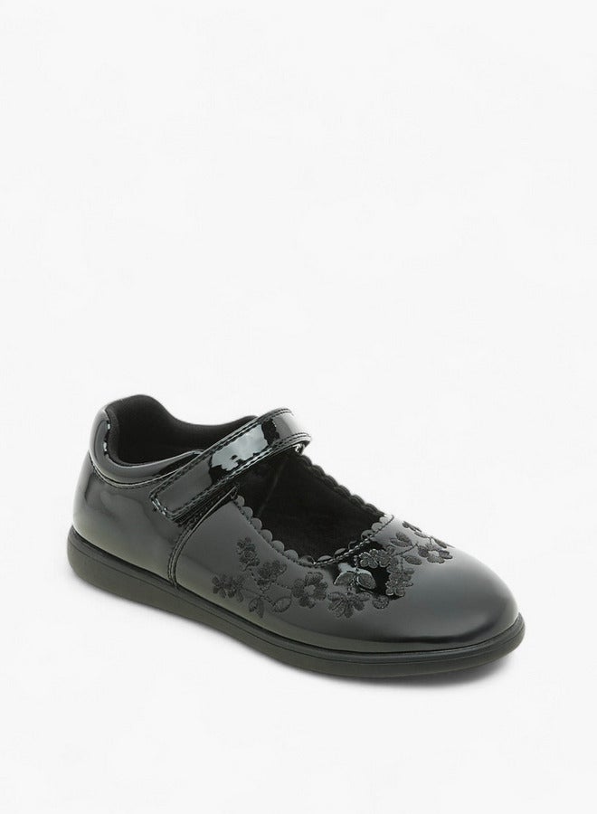 JUNIORS Girls Floral Embroidered School Shoes with Hook and Loop Closure  - Image 2