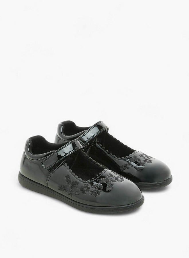 JUNIORS Girls Floral Embroidered School Shoes with Hook and Loop Closure  - Image 1
