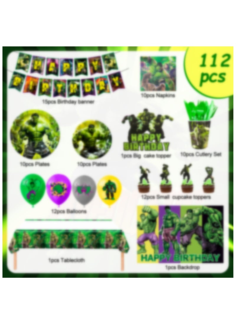 ILovhaprty Hulk Birthday Party Supplies, 112pcs Cartoon Party Decorations & Tableware Set Including Cartoon Cake Topper Balloons Backdrop Plates Cups etc Cartoon Themed Birthday Party Decorations Supplies for Boys/Girls  - Image 3