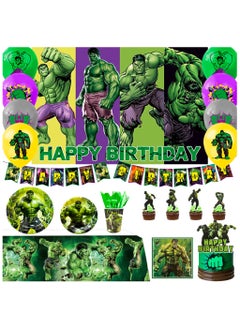 Hulk Birthday Party Supplies, 112pcs Cartoon Party Decorations & Tableware Set Including Cartoon Cake Topper Balloons Backdrop Plates Cups etc Cartoon Themed Birthday Party Decorations Supplies for Boys/Girls