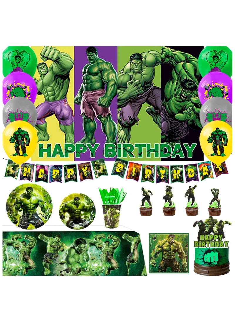 ILovhaprty Hulk Birthday Party Supplies, 112pcs Cartoon Party Decorations & Tableware Set Including Cartoon Cake Topper Balloons Backdrop Plates Cups etc Cartoon Themed Birthday Party Decorations Supplies for Boys/Girls  - Image 1
