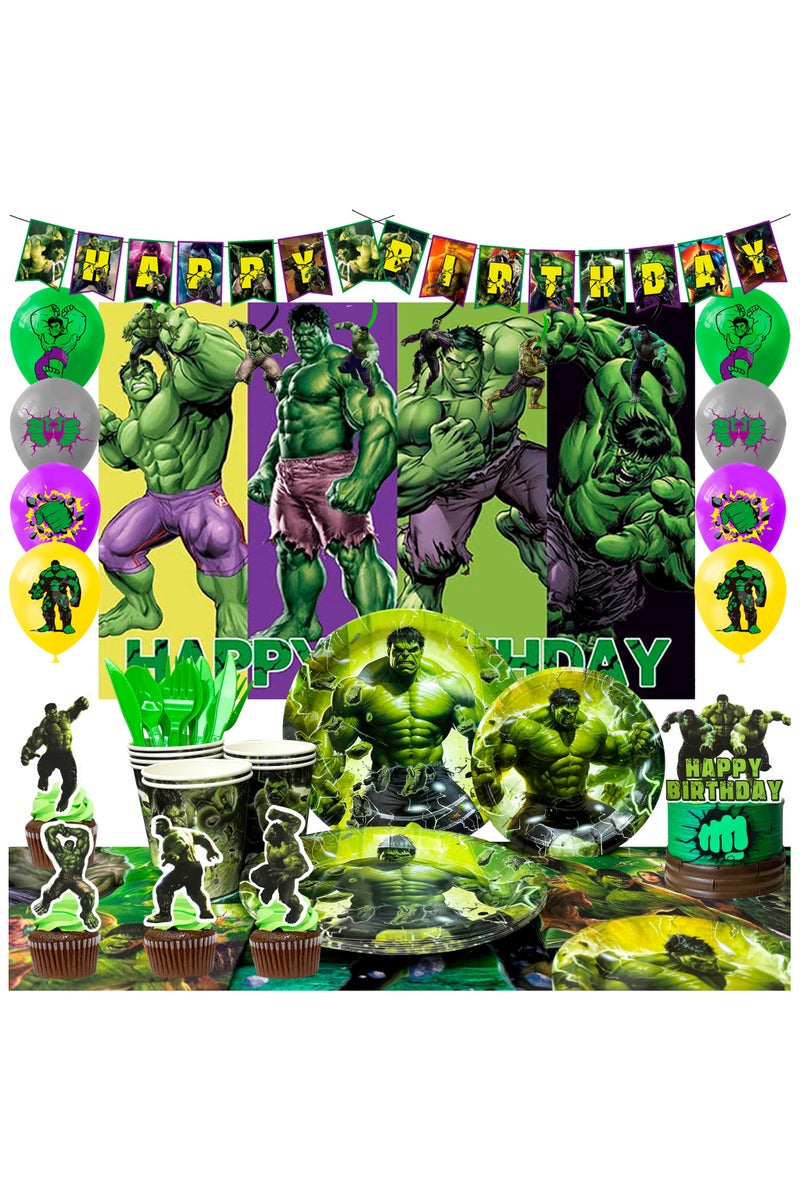 ILovhaprty Hulk Birthday Party Supplies, 112pcs Super Hero Party Decorations & Tableware Set Including Hulk Cake Topper Balloons Backdrop Plates Cups etc Hulk Themed Birthday Party Decorations Supplies for Boys/Girls - Image 1