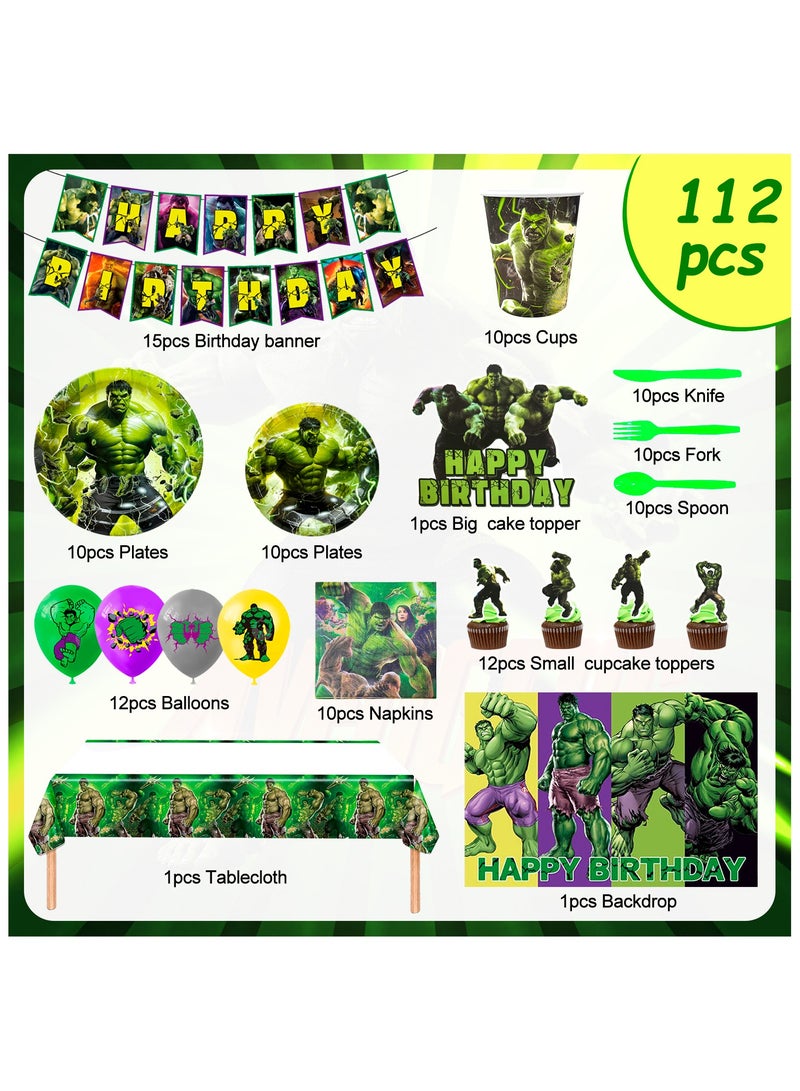ILovhaprty Hulk Birthday Party Supplies, 112pcs Super Hero Party Decorations & Tableware Set Including Hulk Cake Topper Balloons Backdrop Plates Cups etc Hulk Themed Birthday Party Decorations Supplies for Boys/Girls - Image 2