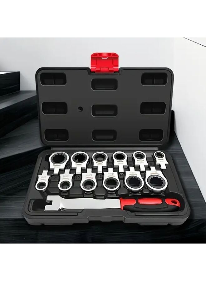 1 Set 12 In 1 Interchangeable Head Ratchet Socket Wrench Tool Kit Black Storage Case - Image 3