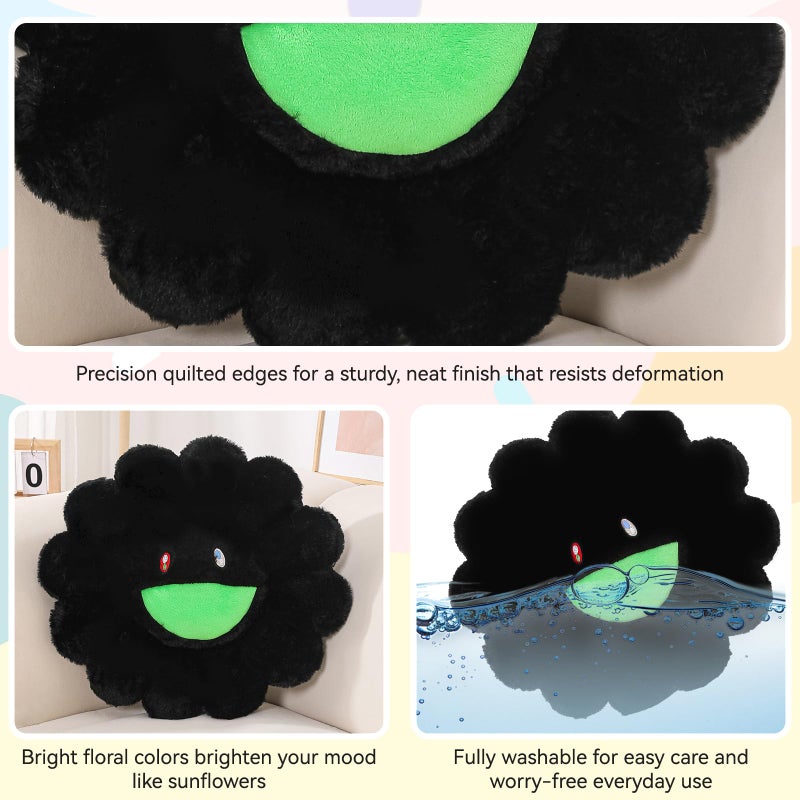 SHINUOER Flower Pillow,Colorful Flower Shaped Throw Pillow,Smiley Face Floor Cushions,Cute Sunflower Plush Pillows,Valentines Day Gifts,Black Decorative Pillows for Bed,Couch,Sofa,Car (Black,15.7In) - Image 3