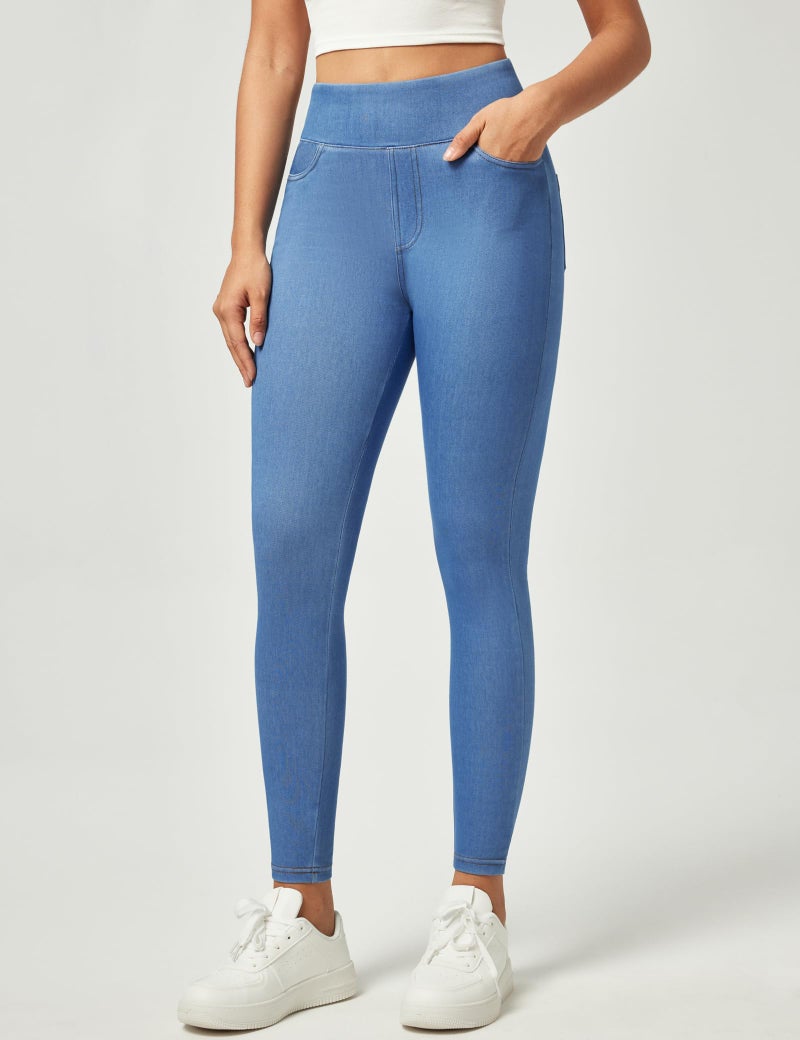 IUGA Stretchy Jeans for Women High Waist Jeggings Tummy Control Skinny Jeans Pull on Leggings with Pockets Trendy Casual(Baby Blue, Medium) - Image 2