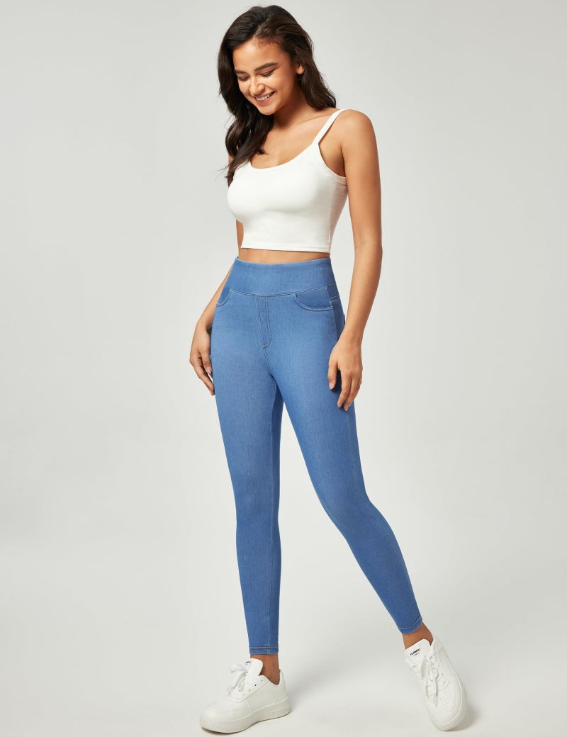 IUGA Stretchy Jeans for Women High Waist Jeggings Tummy Control Skinny Jeans Pull on Leggings with Pockets Trendy Casual(Baby Blue, Medium) - Image 3