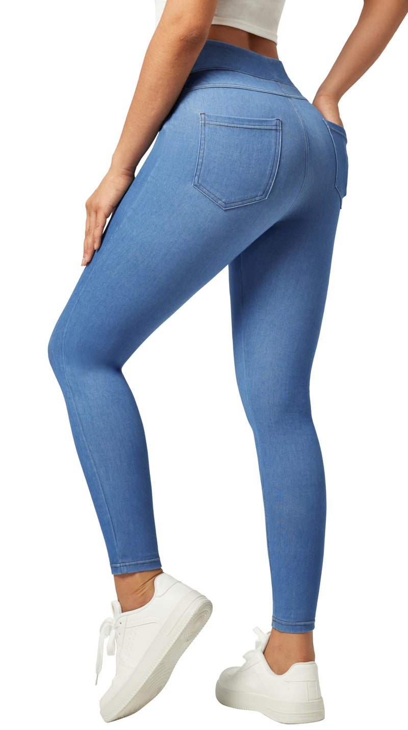 IUGA Stretchy Jeans for Women High Waist Jeggings Tummy Control Skinny Jeans Pull on Leggings with Pockets Trendy Casual(Baby Blue, Medium) - Image 1