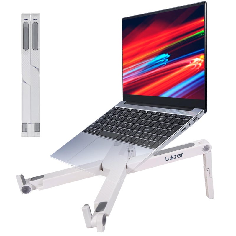 tuKZer Foldable Laptop Stand Riser for Laptop, MacBook, Notebook & Tablets up to 15.6 Inch| Portable- 2 Level Height Adjustable, Ventilation for Cooling, Lightweight Durable ABS Plastic (White) - Image 1