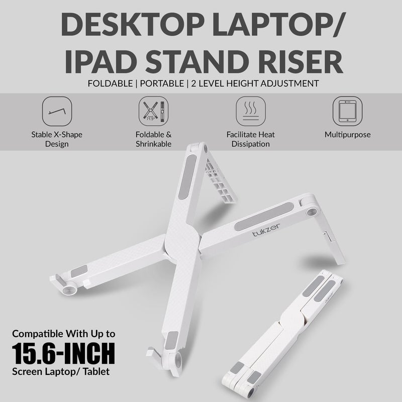 tuKZer Foldable Laptop Stand Riser for Laptop, MacBook, Notebook & Tablets up to 15.6 Inch| Portable- 2 Level Height Adjustable, Ventilation for Cooling, Lightweight Durable ABS Plastic (White) - Image 2