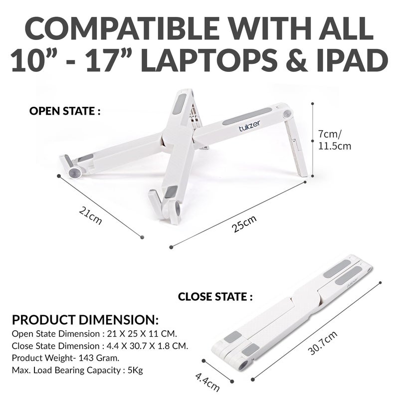 tuKZer Foldable Laptop Stand Riser for Laptop, MacBook, Notebook & Tablets up to 15.6 Inch| Portable- 2 Level Height Adjustable, Ventilation for Cooling, Lightweight Durable ABS Plastic (White) - Image 4