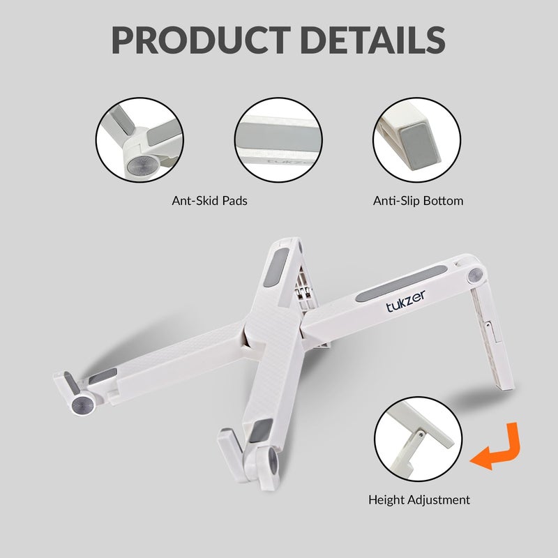 tuKZer Foldable Laptop Stand Riser for Laptop, MacBook, Notebook & Tablets up to 15.6 Inch| Portable- 2 Level Height Adjustable, Ventilation for Cooling, Lightweight Durable ABS Plastic (White) - Image 5