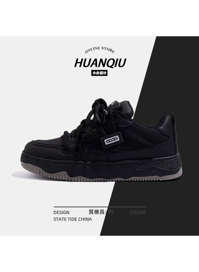 HUANQIU Niche Design All-Black Platform Sneakers Men's Street Fashion Casual Shoes