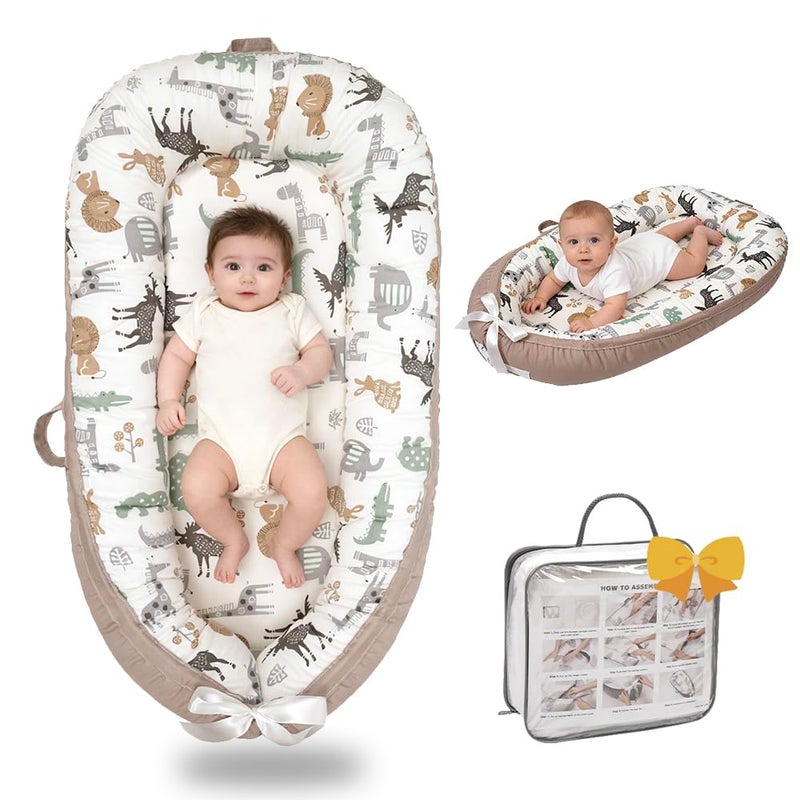 Bubbyhuts Baby Lounger-Breathable and Soft Organic 100% Cotton, Portable Infant Lounger with Removable Lounger Cover, Floor Lounger for Newborn - Animal - Image 1