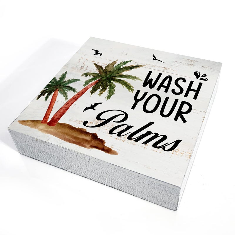 HDKY Wash Your Palms Wood Box Sign Home Decor Rustic Bathroom Quote Wooden Box Sign Block Plaque for Wall Tabletop Desk Home Bathroom Decoration 5" x 5" - Image 3