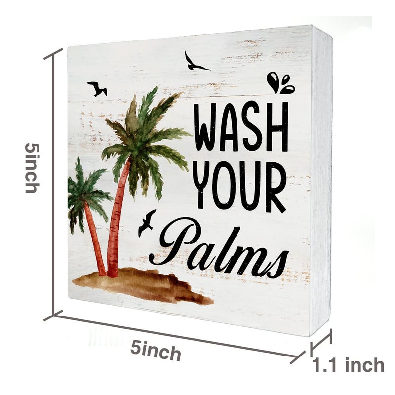 HDKY Wash Your Palms Wood Box Sign Home Decor Rustic Bathroom Quote Wooden Box Sign Block Plaque for Wall Tabletop Desk Home Bathroom Decoration 5" x 5" - Image 2