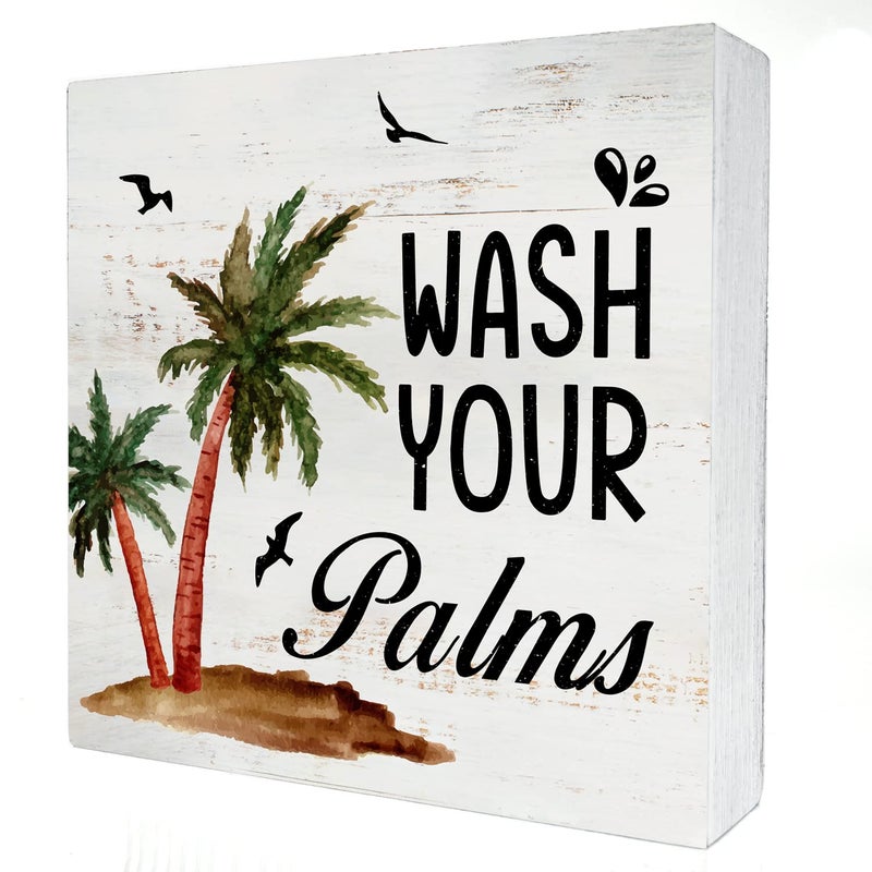 HDKY Wash Your Palms Wood Box Sign Home Decor Rustic Bathroom Quote Wooden Box Sign Block Plaque for Wall Tabletop Desk Home Bathroom Decoration 5" x 5" - Image 1
