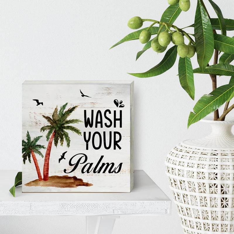 HDKY Wash Your Palms Wood Box Sign Home Decor Rustic Bathroom Quote Wooden Box Sign Block Plaque for Wall Tabletop Desk Home Bathroom Decoration 5" x 5" - Image 4