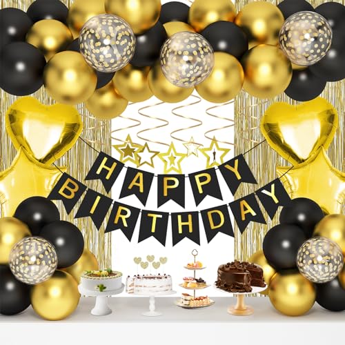ORDA Black Gold Birthday Decorations Gold Party Decorations Set with Birthday Banner Black Gold Balloons Gold Fringe Party Curtains Hanging Swirls Cake Toppers for Girls Women Men Kids Birthdays Party - Image 1
