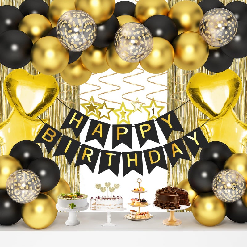 ORDA Black Gold Birthday Decorations Gold Party Decorations Set with Birthday Banner Black Gold Balloons Gold Fringe Party Curtains Hanging Swirls Cake Toppers for Girls Women Men Kids Birthdays Party - Image 3