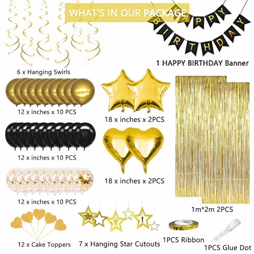 ORDA Black Gold Birthday Decorations Gold Party Decorations Set with Birthday Banner Black Gold Balloons Gold Fringe Party Curtains Hanging Swirls Cake Toppers for Girls Women Men Kids Birthdays Party - Image 5