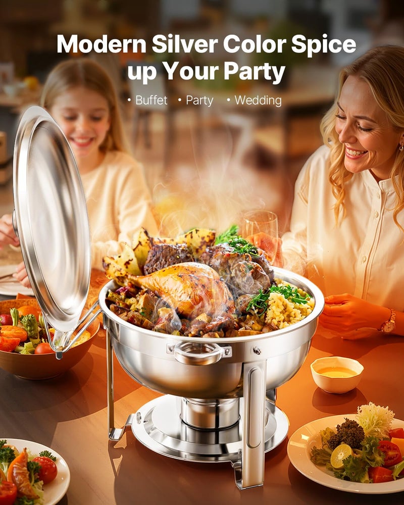 VEVOR Chafing Dish Buffet Set, 5 Qt 4 Pack, Stainless Steel Chafer with 4 Full Size Pans, Round Catering Warmer Server with Lid Water Pan Folding Stand Clip, for Weddings Parties Banquets, Silver - Image 4
