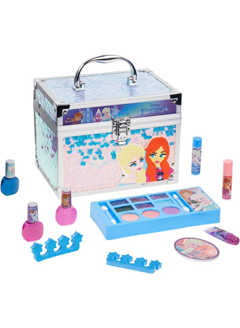 Disney Frozen - Train Case Cosmetic Makeup Set Includes Lip Gloss, Eye Shimmer, Brushes, Nail Polish Accessories & more! for Kid Girls, Ages 3+ perfect for Parties, Sleepovers & Makeovers - Image 1