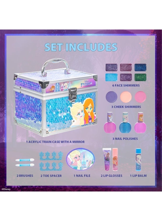 Disney Frozen - Train Case Cosmetic Makeup Set Includes Lip Gloss, Eye Shimmer, Brushes, Nail Polish Accessories & more! for Kid Girls, Ages 3+ perfect for Parties, Sleepovers & Makeovers - Image 4