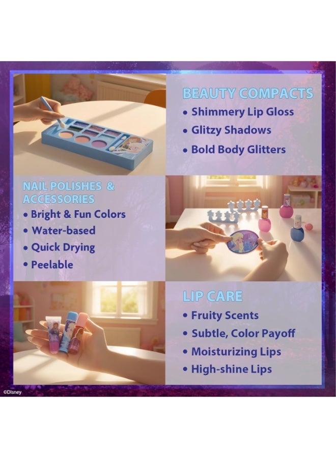 Disney Frozen - Train Case Cosmetic Makeup Set Includes Lip Gloss, Eye Shimmer, Brushes, Nail Polish Accessories & more! for Kid Girls, Ages 3+ perfect for Parties, Sleepovers & Makeovers - Image 2