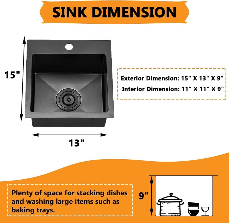 VAPSINT Drop In Black Bar Sink, 13x15 Inch Topmount Single Bowl Handmade Gunmetal Black Wet Bar Prep RV Sink, 16 Guage Stainless Steel Outdoor Small Kitchen Sinks with Grid & Drain - Image 5
