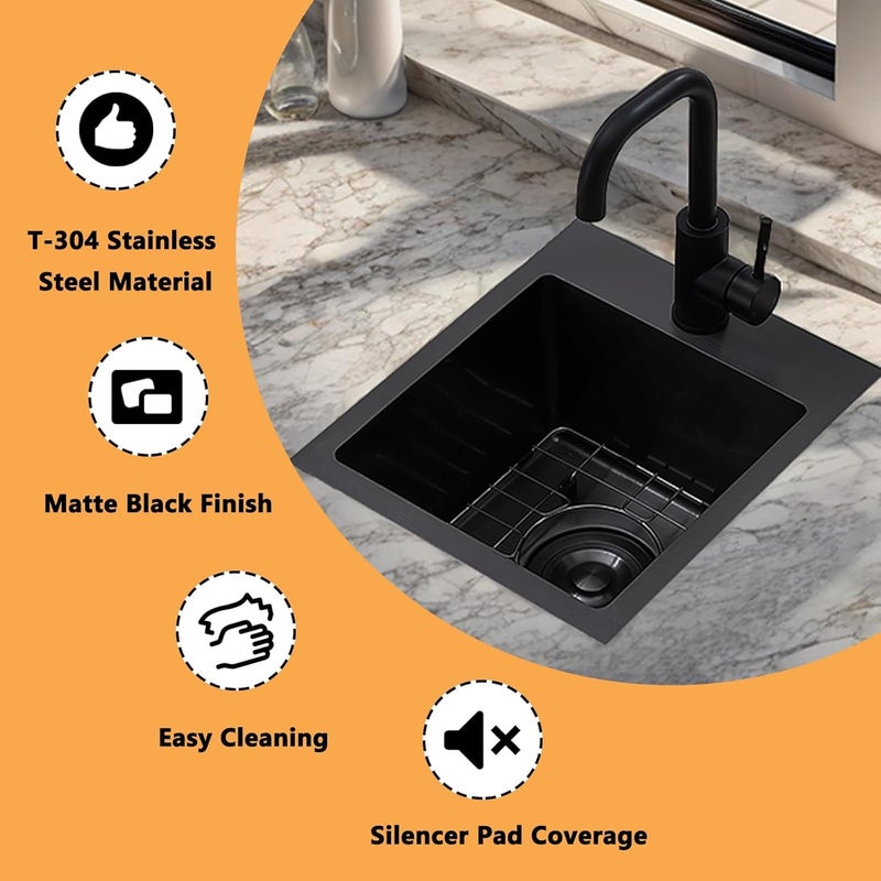 VAPSINT Drop In Black Bar Sink, 13x15 Inch Topmount Single Bowl Handmade Gunmetal Black Wet Bar Prep RV Sink, 16 Guage Stainless Steel Outdoor Small Kitchen Sinks with Grid & Drain - Image 3