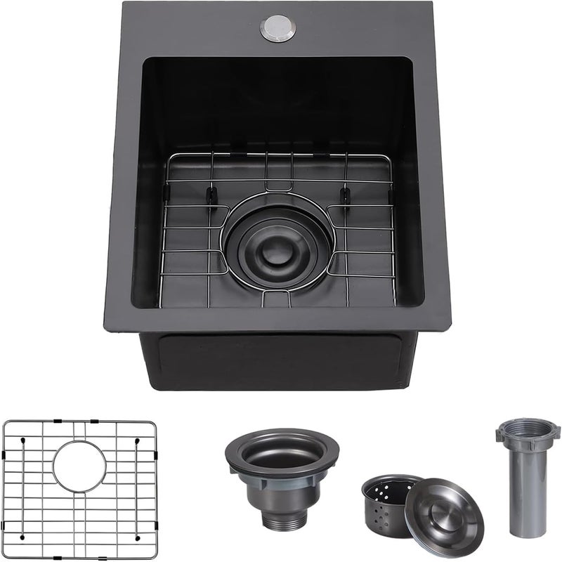 VAPSINT Drop In Black Bar Sink, 13x15 Inch Topmount Single Bowl Handmade Gunmetal Black Wet Bar Prep RV Sink, 16 Guage Stainless Steel Outdoor Small Kitchen Sinks with Grid & Drain - Image 1