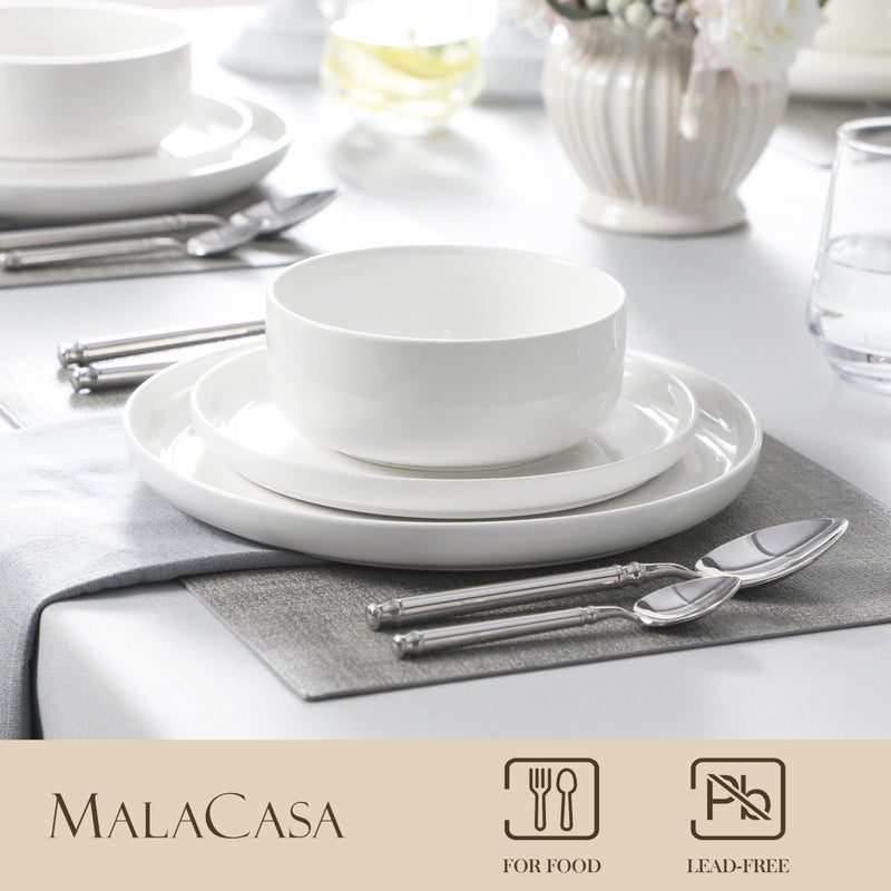 MALACASA Plates and Bowls Sets, 12 Pieces Porcelain Dinnerware Sets Dishware Sets Chip Resistant Ceramic Dish Set Dining Dinner Ware Service for 4, White, Series LUNA - Image 3