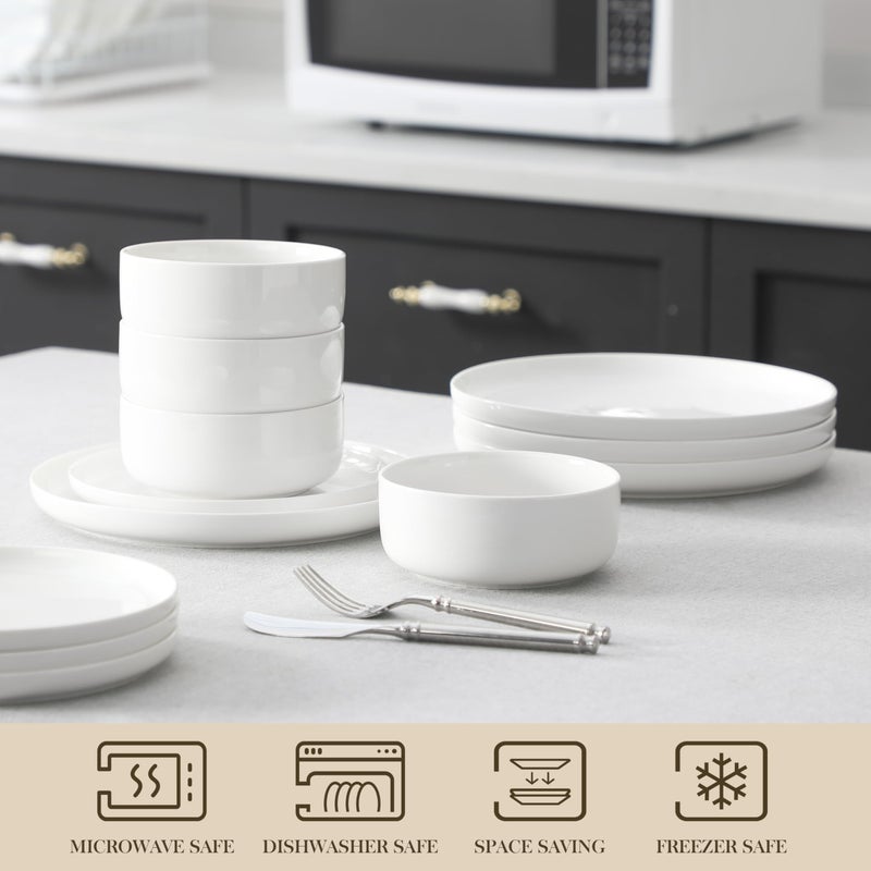 MALACASA Plates and Bowls Sets, 12 Pieces Porcelain Dinnerware Sets Dishware Sets Chip Resistant Ceramic Dish Set Dining Dinner Ware Service for 4, White, Series LUNA - Image 4